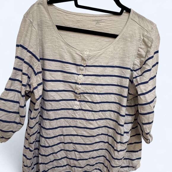 Lands' End Tops - Women's Land's End White & Blue Striped 3/4 Sleeve Nautical Shirt